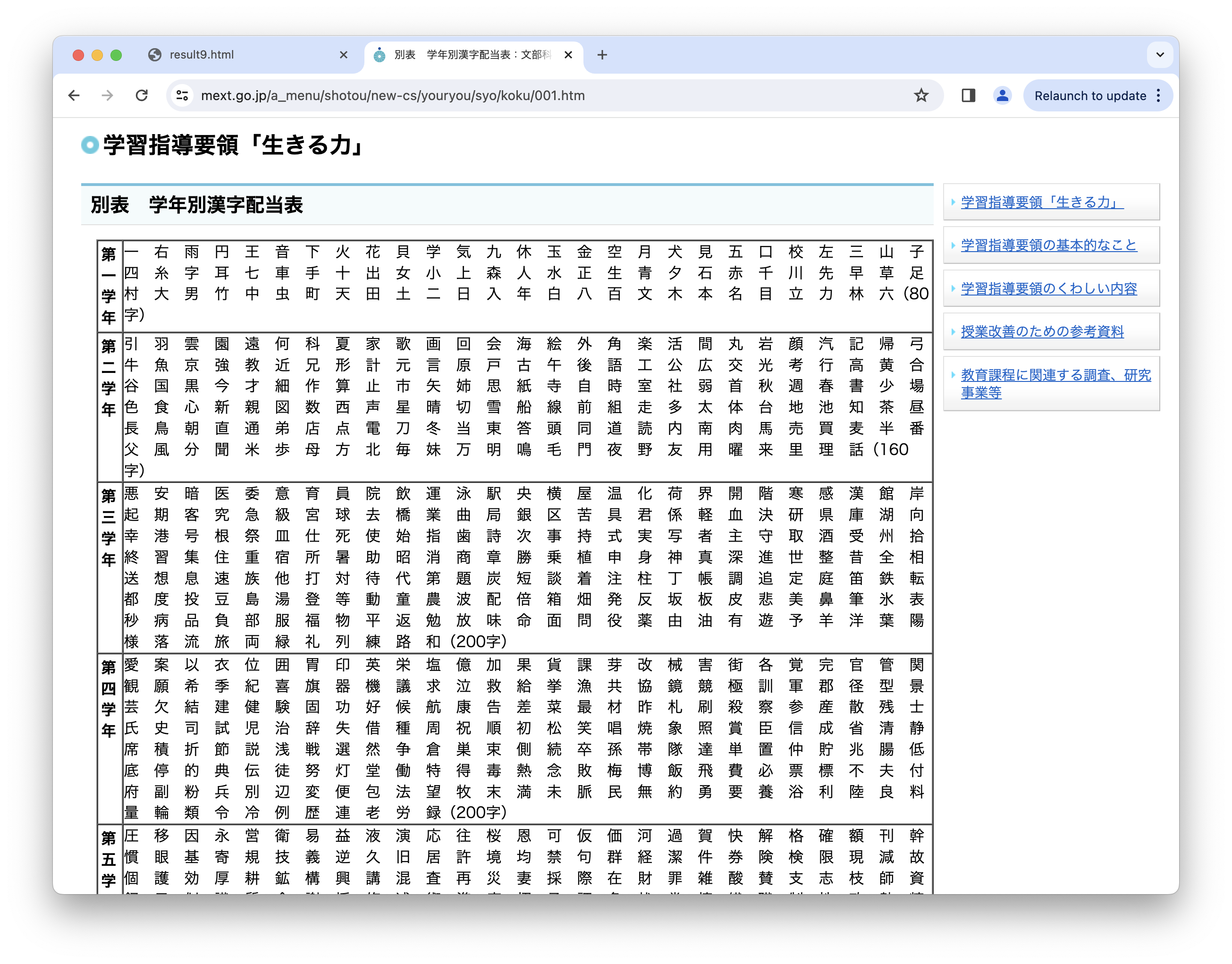 別表　学年別漢字配当表